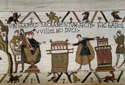 Il duca di Normandia Guglielmo il Conquistatore (1027-1087) nomina cavaliere Harold che giura fedeltà su due reliquiari (dettaglio dell