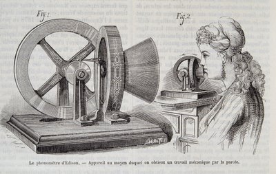 Il fonometro di Edison - dispositivo mediante il quale si ottiene un lavoro meccanico tramite la voce in "Natura" 1878. da Unknown artist