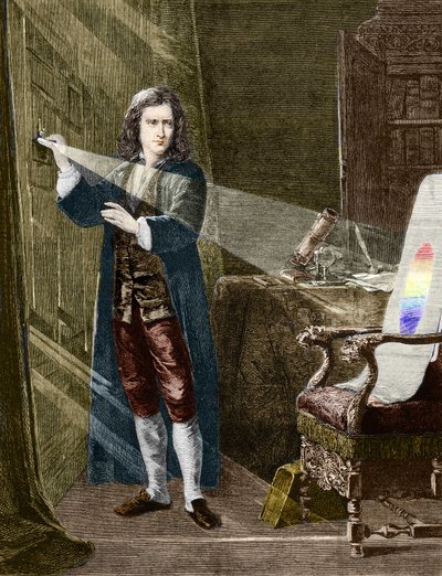Il fisico inglese Isaac Newton (1642-1727) che scompone la luce con un prisma di vetro. Incisione del 1880 da Unknown artist