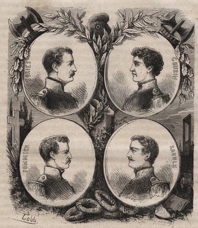 I Quattro Sergenti (Jean Francois Bories (1795-1822), Jean Joseph Pommier (1796-1822), Marius Claude Raoulx (1797-1822)) e Charles Goubin (1798-1822) di La Rochelle accusati durante la Restaurazione di voler rovesciare la monarchia e ghigliottinati nel 182 da Unknown artist