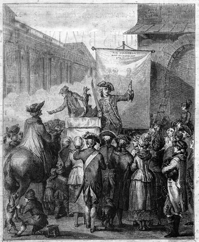 Il ciarlatano francese nel XVIII secolo. Incisione in "Le XVIIIème siècle: mores, usages et costumes" di Paul Lacroix da Unknown artist