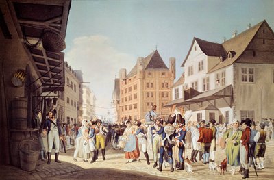 Le truppe francesi del 24º Reggimento di Fanteria lasciano Francoforte con il generale Augereau da Unknown artist