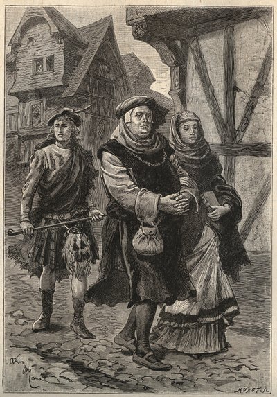 Il Gartier (Il Guantaio) accompagna sua figlia alla chiesa - illustrazione del XIX secolo per il romanzo storico "La Bella Ragazza di Perth o il Giorno di San Valentino (o La Bella Fanciulla di Perth)" da Unknown artist
