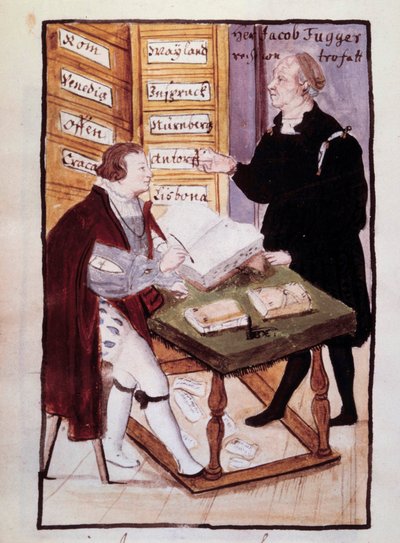 Il banchiere tedesco Jacob Fugger nel suo ufficio con il suo contabile tedesco Matthaus Schwarz da Unknown artist