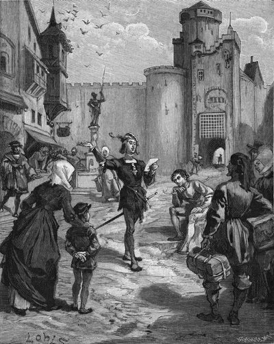 Il cavaliere tedesco, poeta e umanista Ulrich von Hutten (1488-1523) declama una delle sue poesie per strada. Incisione del XIX secolo. In 