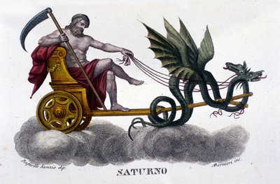 Il Dio Saturno (o Crono) su un carro trainato da due draghi. Da un