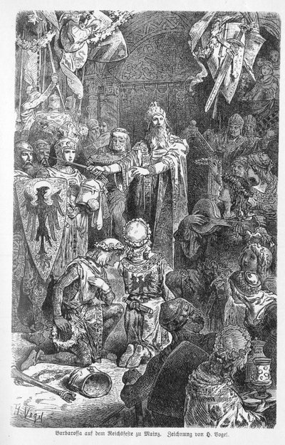 Il grande imperatore Federico Barbarossa tiene la sua corte a Magonza - Federico I di Hohenstaufen, detto Federico Barbarossa (1122-1190) ricevuto a Magonza la croce del vescovo Gerard di Würzburg - Incisione in 