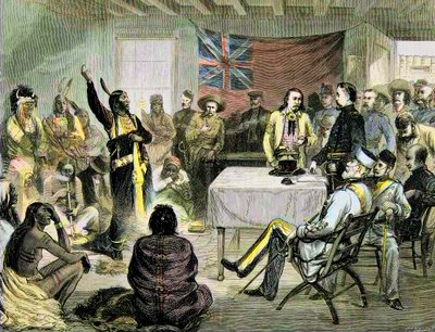 La guerra indiana negli Stati Uniti - il Consiglio di "Toro Seduto" con Toro Seduto e Buffalo Bill a Fort Walsh, territorio britannico, ottobre 1877 - Toro Seduto e Buffalo Bill: Consiglio di Toro Seduto a Fort Walsh, territorio britannico, durante la guer da Unknown artist