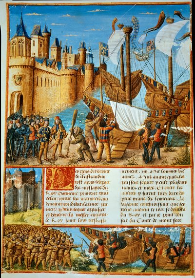 Il re di Francia Luigi IX (San Luigi) che si imbarca per la settima crociata. Miniatura tratta da Les passages faits Outremer par les Français contre les Turks et autres Sarrazins et Moures Outremarine di Sebastien Mamerot da Unknown artist
