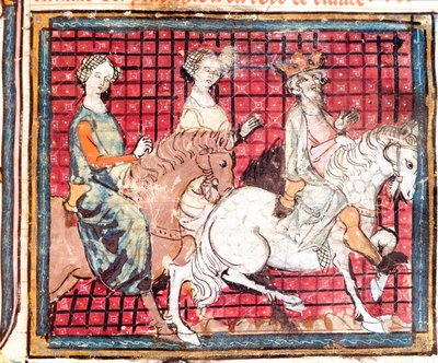 Il re dei Franchi Chilperico I (543-597) e Fredegonda a cavallo. Miniatura tratta da 