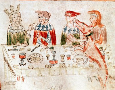 Il re dei Franchi Pipino III il Breve (714-768) e suo figlio Carlo Magno a un banchetto, miniatura da un manoscritto del 12° secolo. Venezia, Biblioteca Nazionale Marciana da Unknown artist