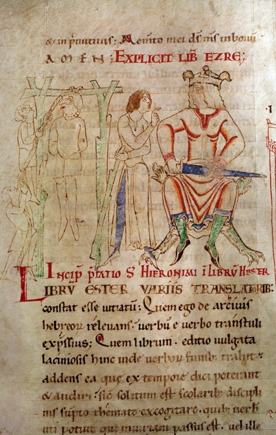 La giustizia del re tra il 1098 e il 1109. Un re con corona seduto su un trono e che tiene una spada, accanto a una scena di impiccagione. Pagina tratta da un manoscritto 