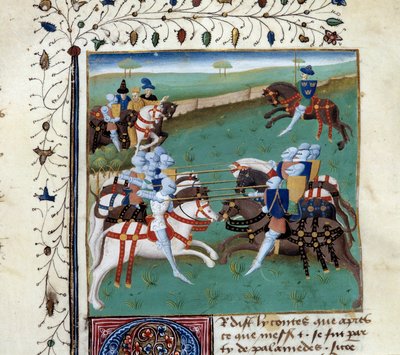I cavalieri della Tavola Rotonda partecipano a un torneo cavalleresco (miniatura dal manoscritto 