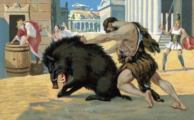 Le fatiche di Ercole: Ercole e il cinghiale, inizio del XX secolo (cromo) da Unknown Artist