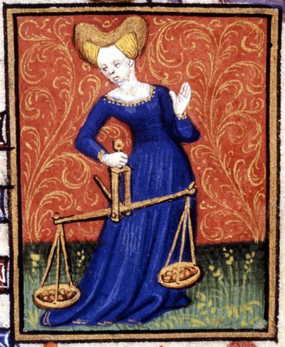 La Bilancia. Miniatura di un oroscopo. Manoscritto del XV secolo. Bibl. Trivulziana, Milano da Unknown artist