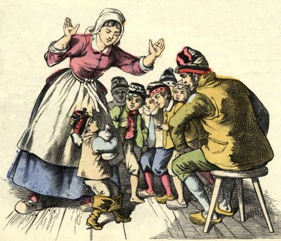Il Piccolo Pollicino e i suoi fratelli tornano a casa dai loro genitori. Illustrazione della fiaba "Il Piccolo Pollicino" di Charles Perrault da Unknown artist