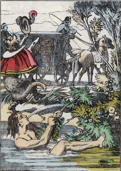 Il Marchese di Carabas finge di annegare mentre il gatto con gli stivali chiama aiuto. Illustrazione della fiaba "Il gatto con gli stivali" di Charles Perrault da Unknown artist