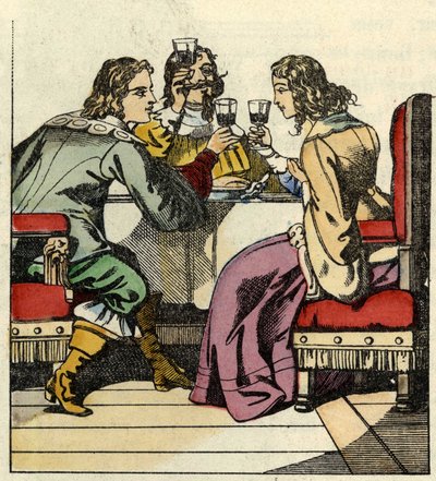 Il Marchese di Carabas invita la principessa e il re a mangiare nel castello. Illustrazione della fiaba "Il gatto con gli stivali" di Charles Perrault da Unknown artist