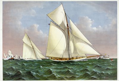 Il Mayflower, una barca a vela che vinse la regata della Coppa America, è accolto dalla flotta nella baia di New York. 07/09/1886 litografia del XIX secolo da Unknown artist