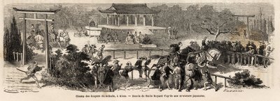 Il Mikado (Imperatore del Giappone) scudiero nel campo a Kioto (o Kyoto), pista di addestramento per i cavalli imperiali. Incisione per illustrare il viaggio in Giappone, nel 1863-1864, di Aime Humbert, ministro della Confederazione Svizzera, in "Le tour d da Unknown artist