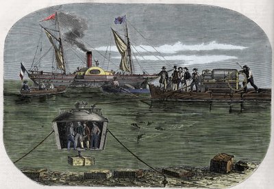 La campana da sub "Nautilus" del Dr. Antoine Prosper Payerne sperimentata nella Senna, Parigi, e poi perfezionata negli Stati Uniti. Incisione (1858) in "Le Monde illustré" da Unknown artist