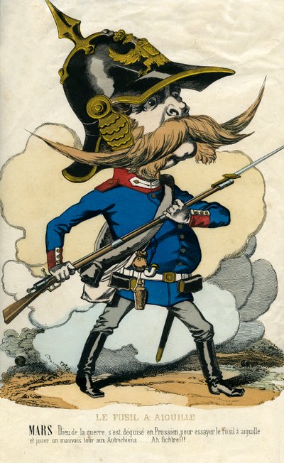 Il fucile ad ago - Ritratto di Otto Von Bismarck (1815-1898) Cancelliere di Prussia - Marte, dio della guerra, travestito da prussiano per provare il fucile ad ago e giocare un brutto scherzo agli austriaci... Caricatura da Unknown artist