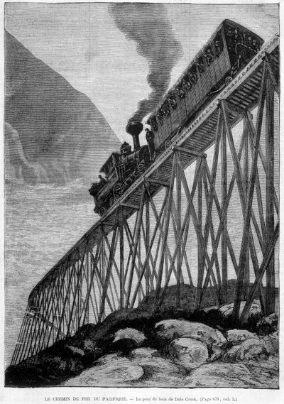 La ferrovia del Pacifico sul ponte di legno di Dale Creek - incisione, fine XIX secolo da Unknown artist