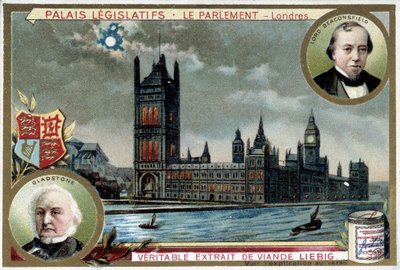 Il Palazzo di Westminster, o Parlamento di Londra (Inghilterra), con ritratti di William Ewart Gladstone (1809-1898) e Benjamin Disraeli, Lord Beaconsfield (1804-1881) - cromolitografia Liebig da Unknown artist