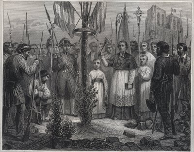 La Piantagione di un Albero della Libertà durante la Rivoluzione (Albero della Libertà) - Piantagione di un albero della Libertà (pioppo) in Francia durante la rivoluzione francese - Incisione in "Les Fastes populaires, ou Histoire des actes heroiques du p da Unknown artist