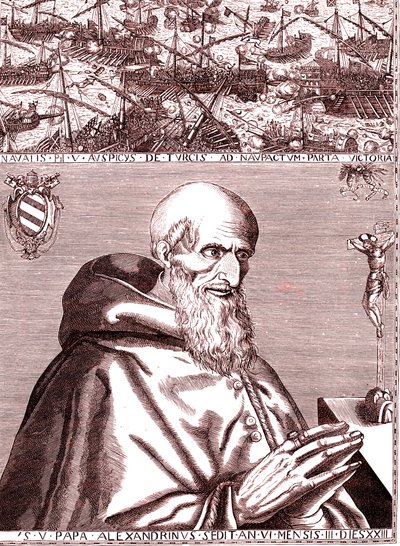 Il Papa Pio V fa alleanza con la flotta spagnola e la flotta veneziana contro i turchi nella battaglia di Lepanto nell