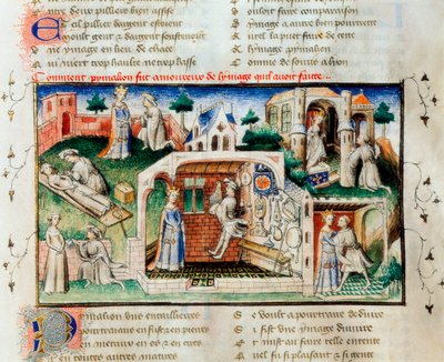 "Il Romanzo della Rosa": "Come Pigmalione si innamorò della statua che aveva fatto". Miniatura del XIV secolo. Biblioteca dell