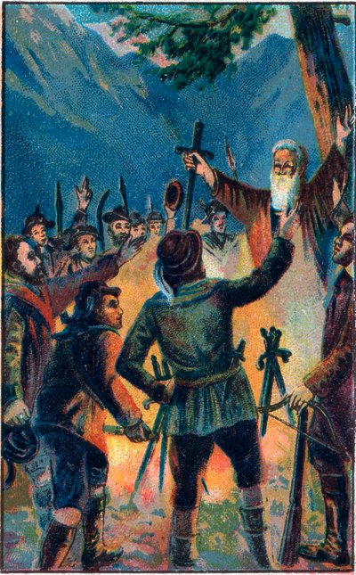 Il giuramento del Rutli - giuramento leggendario della Vecchia Confederazione Svizzera - I tre confederati svizzeri giurano fedeltà a Ruetli - Patto del Grutli, mito fondativo della Svizzera nel 1307. Cromolitografia della fine del XIX secolo da Unknown artist