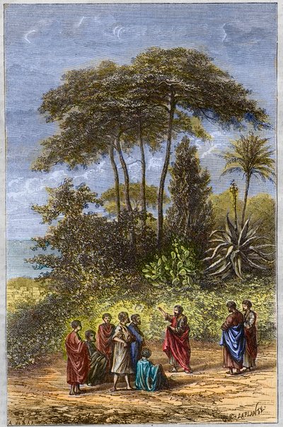 La scuola di Pitagora - Pitagora tra i suoi allievi a Crotone - incisione del 1879 da Unknown artist