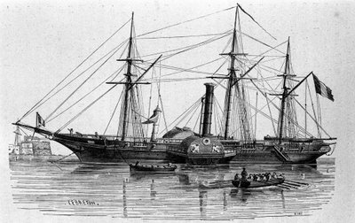 La Sfinge, il primo piroscafo della marina francese costruito nel 1830. Incisione del XIX secolo da Unknown artist