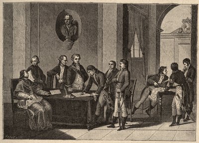 Trattato di Tolentino o Pace di Tolentino, firmato il 19 febbraio 1797 a Tolentino, Italia, tra Francia e Stati Pontifici. (Tra il Generale Bonaparte e Papa Pio VI). Il Papa rinuncia ad Avignone da Unknown artist