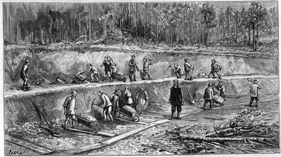 La ferrovia Transiberiana: cantiere dei lavoratori cinesi. (Da una fotografia). Incisione in "La Nature: revue des sciences et de leurs applications aux arts et a l