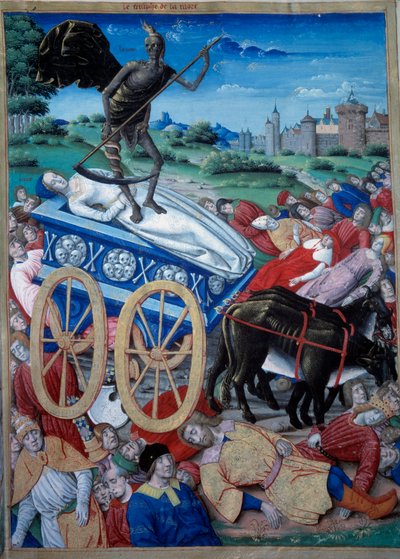 Il trionfo della Morte. Rappresentazione allegorica della Morte con una falce su un carro, cadaveri giacciono a terra. Miniatura da 