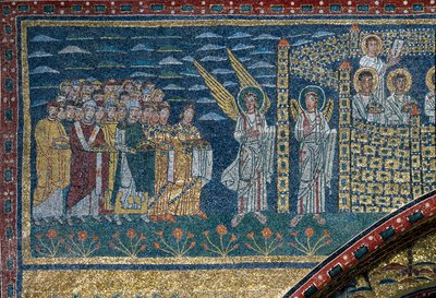La visione della Gerusalemme celeste: Gli eletti si dirigono verso la città custodita dagli angeli. (dettaglio). Mosaico intorno all