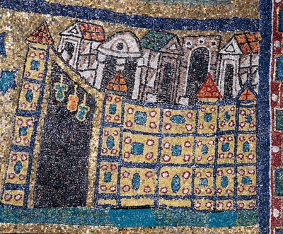 La visione della Gerusalemme celeste: (dettaglio) Gerusalemme rappresentata in una cittadella fortificata. Mosaico intorno all