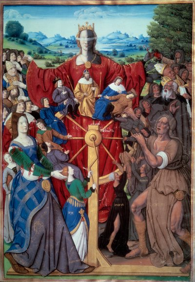 La Ruota della Fortuna. Un movimento ascendente e discendente della Fortuna che, nella vita degli uomini, ha il potere di farli diventare re o di farli cadere nella sventura. Miniatura tratta da 