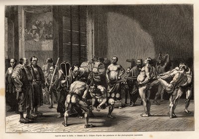I preparativi per il sumo, gli atleti si riscaldano, si allungano, si pettinano e si concentrano prima di combattere. Incisione per illustrare il viaggio in Giappone, di Aime Humbert, ministro della Confederazione Svizzera, pubblicato in "Le tour du monde" da Unknown artist