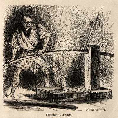 Il fabbricante di archi nella sua bottega, espone il legno alla fiamma di un fuoco di trucioli, per dare loro la piega necessaria alla loro curvatura. Incisione per illustrare il viaggio in Giappone, di Aime Humbert, ministro della Confederazione Svizzera, da Unknown artist