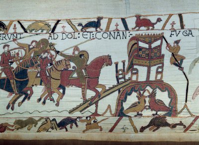 Gli eserciti di Guglielmo il Conquistatore (1027-1087) andarono a combattere il Duca di Bretagna, arrivati a Bayeux. Harold è appena stato nominato cavaliere da Guglielmo. (dettaglio) dell