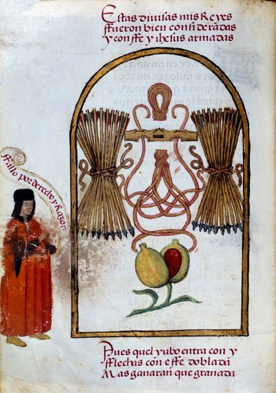 Il braccialetto e le frecce. Emblema dei Re Cattolici (Miniatura nel Devocionario della Regina Da Juana detta la Pazza di Pedro Marcuello) da Unknown artist