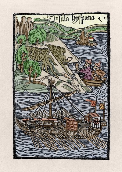 Lo sbarco a Hispaniola di Cristoforo Colombo (1451-1506). Incisione da "De insulis in mare Indico super inventis", Basilea 1493-1494 (traduzione latina del rapporto di Colombo al Re di Spagna) da Unknown artist