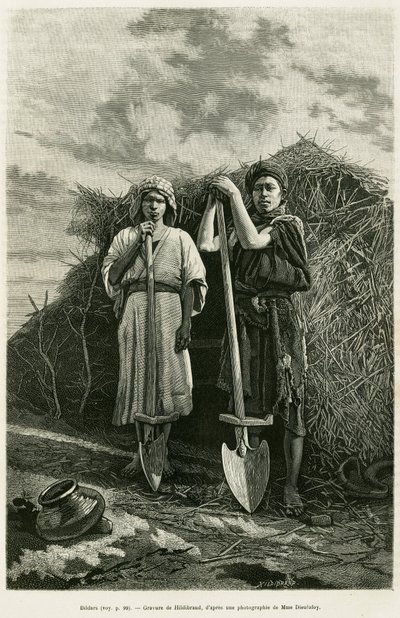 I bildar, proprietari di una beche, sono incaricati di scavare i canali di scolo dei campi di grano della regione di Karoun. Incisione per illustrare la storia La Perse, la Chaldée et la Susiane di Jane Delafoy (1851-1916), ufficiale dell