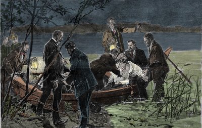 Il corpo di Luigi II di Baviera Wittelsbach trovato annegato con il Dr. Gudden nel Lago di Starnberg vicino al Castello di Berg nel giugno 1886. Incisione da Unknown artist