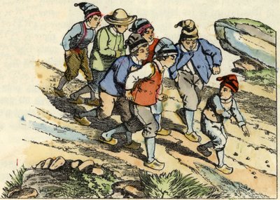 I fratelli seguono il Piccolo Pollicino che ha seminato sassolini bianchi lungo il cammino. Illustrazione della fiaba "Il Piccolo Pollicino" di Charles Perrault da Unknown artist