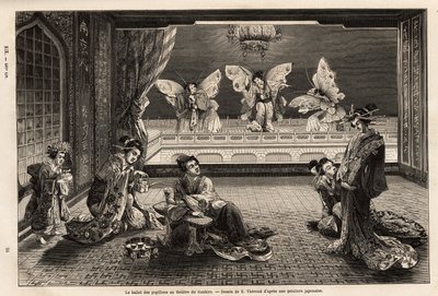 Il balletto delle farfalle al Teatro Gankiro, nel Distretto del Piacere di Miyozaki a Yokohama. Incisione per illustrare il viaggio in Giappone, di Aimé Humbert, ministro della Confederazione Svizzera, nel 1863-1864, pubblicato in "Le tour du monde", sotto da Unknown artist