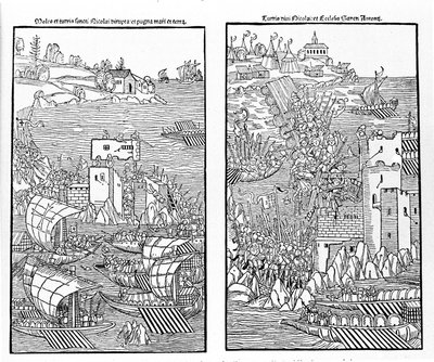 La cattura di Rodi da parte dei Turchi nel 1522. I Turchi attaccano la fortezza di San Nicola. Xilografia. da Unknown artist
